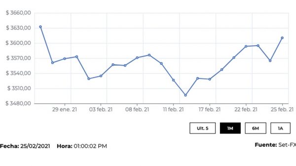 El dólar alcanzó un precio promedio de $3.624,76, tras ganar $36,35 frente a la TRM