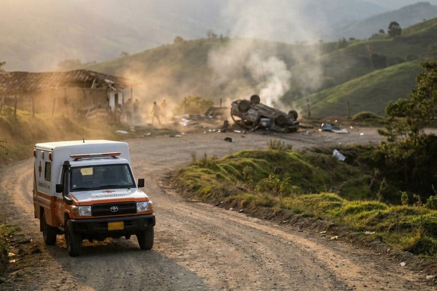 Ambulancia detenida con hombres armados en el fondo, mientras se observa el caos en la escena.