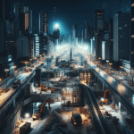 Obras en la Gran Vía de Barranquilla, maquinaria y trabajadores en acción bajo un cielo nublado.