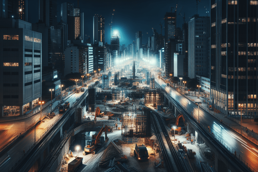 Obras en la Gran Vía de Barranquilla, maquinaria y trabajadores en acción bajo un cielo nublado.