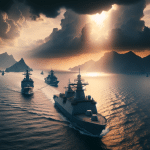 Barcos de guerra en alta mar, con cielo nublado y olas agitando el agua.