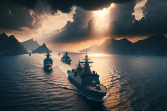 Barcos de guerra en alta mar, con cielo nublado y olas agitando el agua.