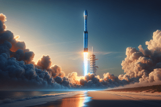 Un cohete New Glenn de Blue Origin despegando desde Cabo Cañaveral bajo un cielo despejado.