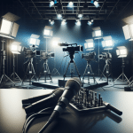 Carla Giraldo en un set de televisión, con expresión seria mientras escucha un audio en su teléfono.