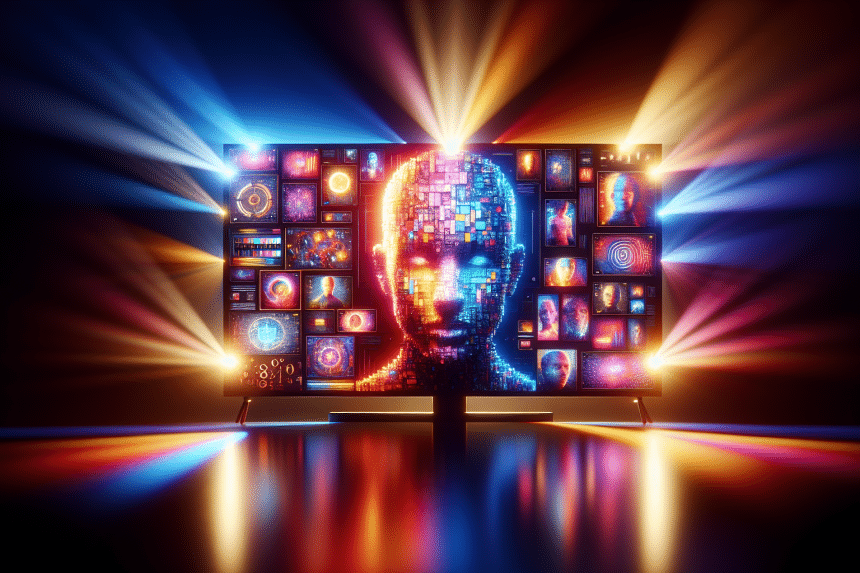 Una pantalla de televisión muestra una escena de 'La Reina del Flow' con personajes en un vibrante escenario musical.