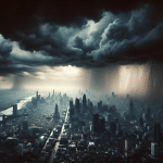 Cielo oscuro y nubes amenazantes sobre una ciudad colombiana, con calles vacías y luces de emergencia encendidas.