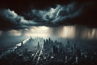 Cielo oscuro y nubes amenazantes sobre una ciudad colombiana, con calles vacías y luces de emergencia encendidas.