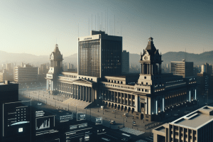 Edificio de Hacienda Cali con bandera ondeando bajo un cielo despejado.