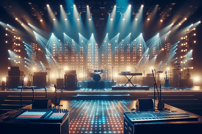 Karol G en el escenario de Coachella, rodeada de luces brillantes y una multitud emocionada.