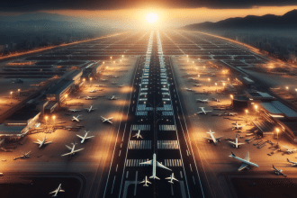 Avión de Lufthansa sobrevolando el Aeropuerto El Dorado en Bogotá, con luces de advertencia encendidas.