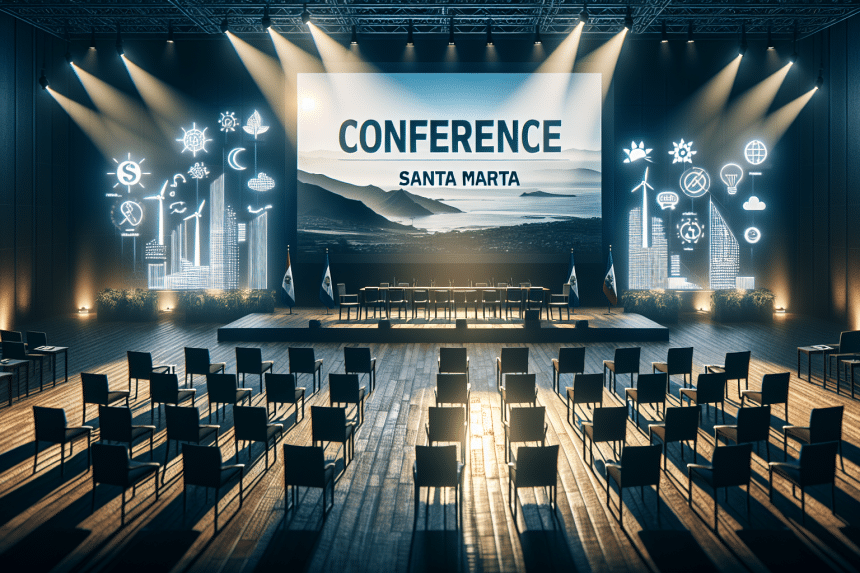 Delegados de varios países discuten en una sala de conferencias decorada con plantas tropicales.