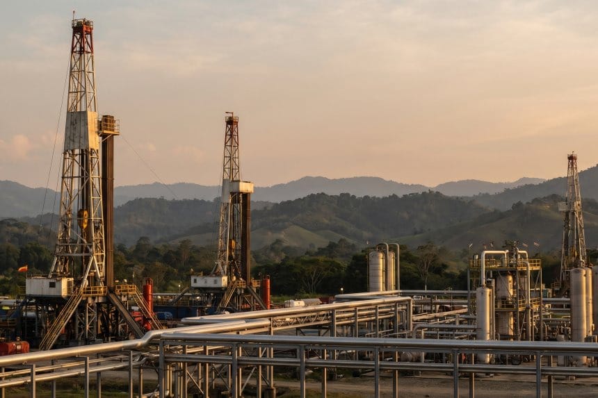 Un edificio de oficinas moderno en Bogotá con logos de petroleras visibles en la entrada.