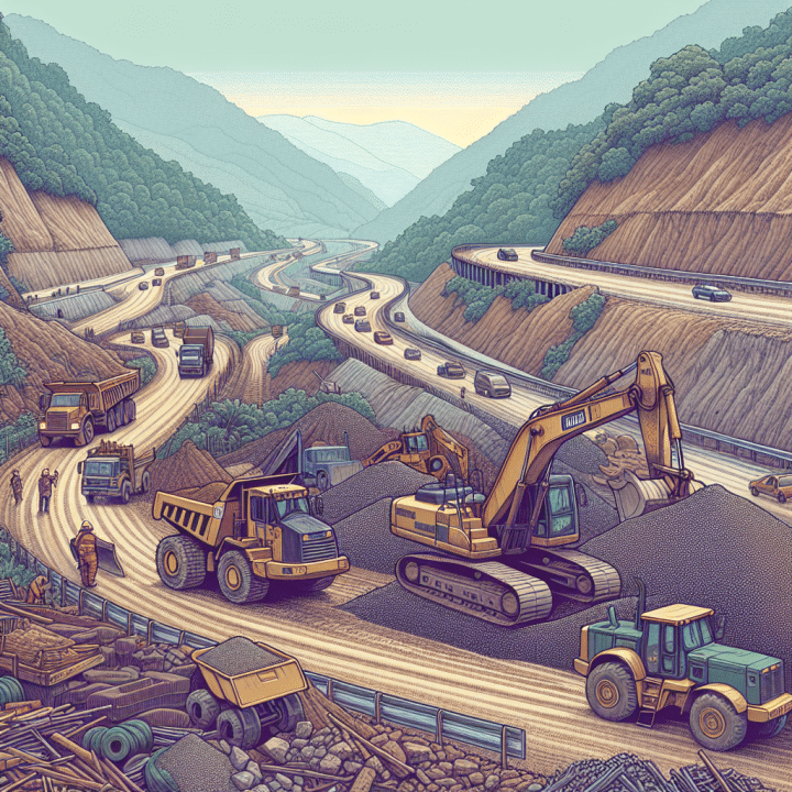 El gobernador Rodrigo Villalba firma documentos en una oficina, rodeado de funcionarios y planos de obra vial.