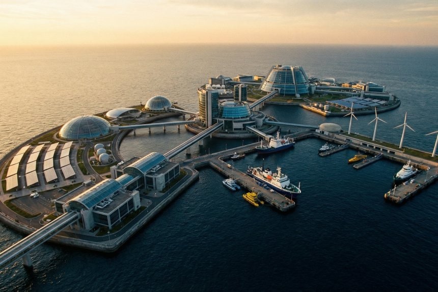 Vista aérea de la isla en construcción, con grúas y materiales en el mar cerca de Shanghái.