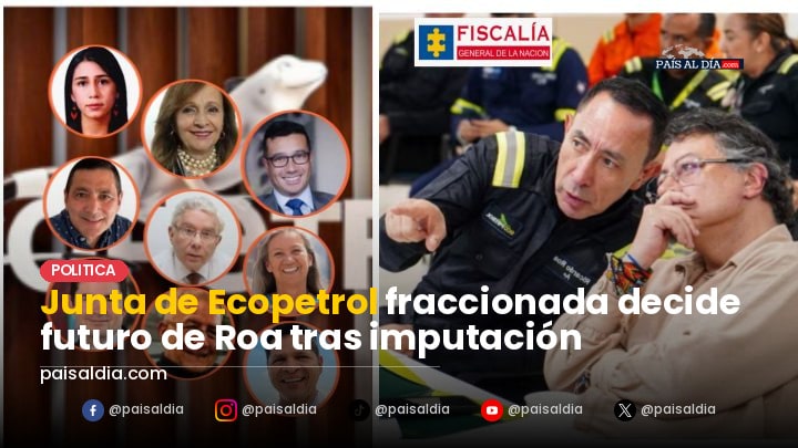 Miembros de la junta de Ecopetrol en una reunión tensa, con expresiones serias y documentos sobre la mesa.