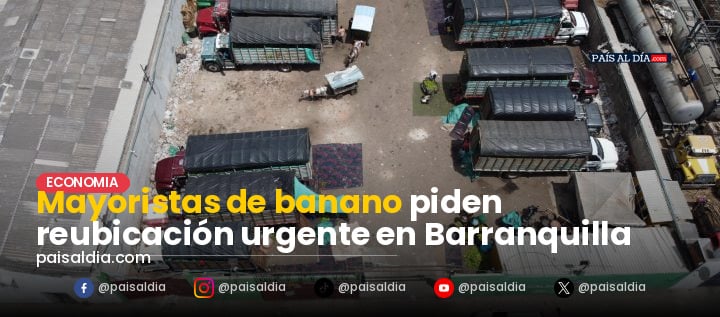 Grupo de comerciantes de banano reunidos en un parqueadero estrecho, mostrando su descontento.