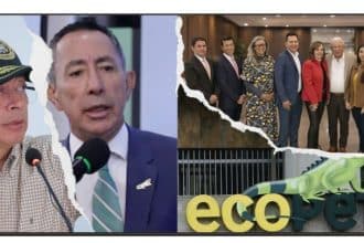 Un grupo de empleados de Ecopetrol se reúne en una sala de juntas, con expresiones preocupadas y documentos sobre la mesa.