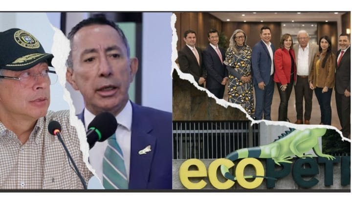 Un grupo de empleados de Ecopetrol se reúne en una sala de juntas, con expresiones preocupadas y documentos sobre la mesa.