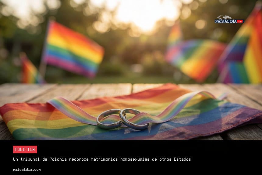 Una pareja de hombres sonríe mientras sostienen sus certificados de matrimonio en un parque de Varsovia.