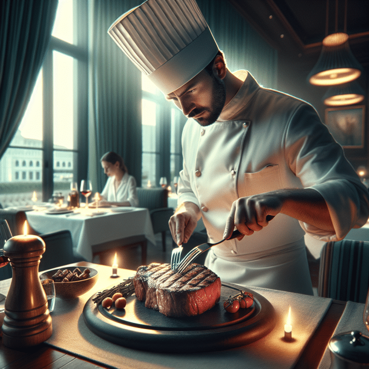 Chef Salt Bae sirve un corte de carne en su restaurante con clientes observando.