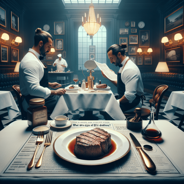 Chef Salt Bae en su restaurante, sirviendo un costoso corte de carne a un cliente con actitud despreocupada.