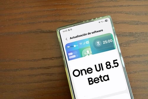 Un grupo de jóvenes revisa sus teléfonos Galaxy mientras discuten sobre la nueva actualización de One UI 8.5.
