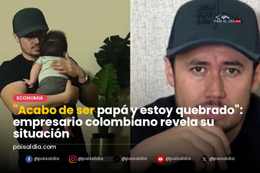 Un empresario colombiano sostiene a su recién nacido en brazos, visiblemente emocionado y con expresión de preocupación.
