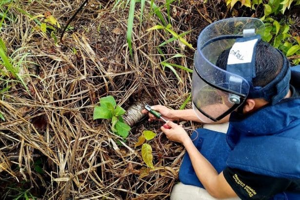 Soldados del Ejército Nacional realizan labores de desminado en Baraya, Huila, bajo un cielo despejado.