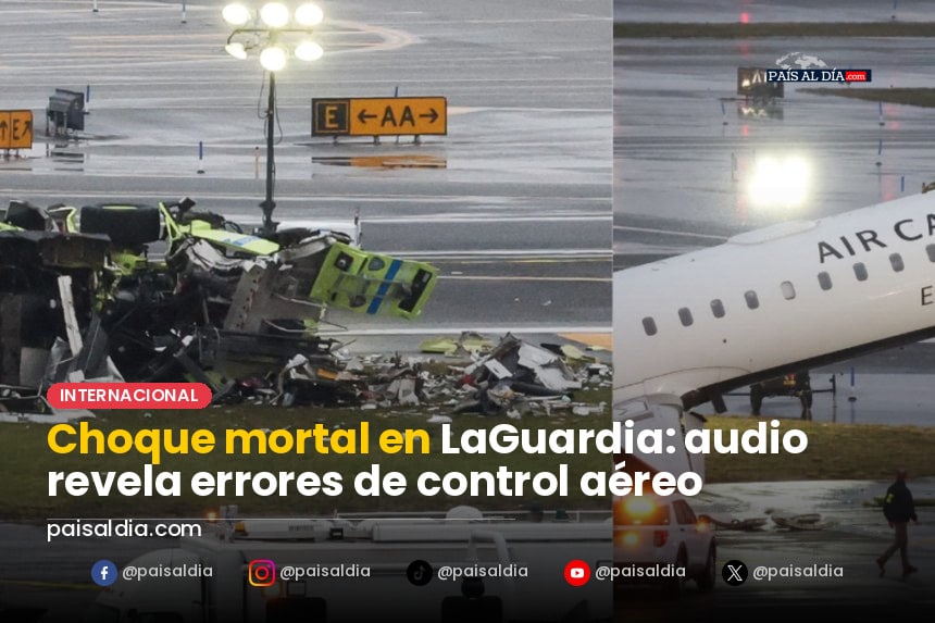 Un avión de Air Canada dañado en la pista de LaGuardia tras colisión con un camión de bomberos, humo y escombros visibles.