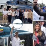 Santiago Botero en un evento electoral, rodeado de simpatizantes, con un banner de campaña en el fondo.