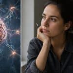 Una mujer en un entorno urbano, con expresión de estrés, rodeada de documentos y una taza de café.