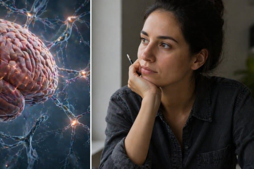 Una mujer en un entorno urbano, con expresión de estrés, rodeada de documentos y una taza de café.