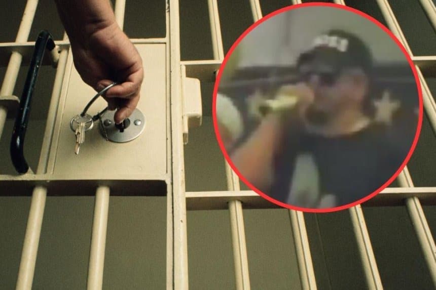 Internos celebrando en la cárcel de Itagüí con banderas y luces, mientras un cantante actúa en el escenario improvisado.