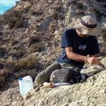 Fósiles expuestos en la cueva del condado de Comal, Texas, rodeados de herramientas de excavación.