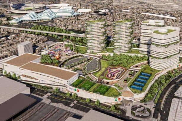 Terreno donde se construirá el nuevo megacentro comercial en Medellín, con un supermercado Jumbo al fondo.