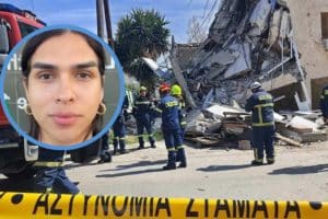 Rescatistas en el lugar del derrumbe en Chipre, con escombros y maquinaria pesada.