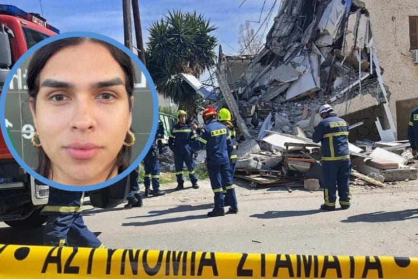 Rescatistas en el lugar del derrumbe en Chipre, con escombros y maquinaria pesada.