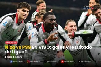 Jugadores del PSG celebran un gol en el Allianz Riviera, con la afición de fondo animando intensamente.
