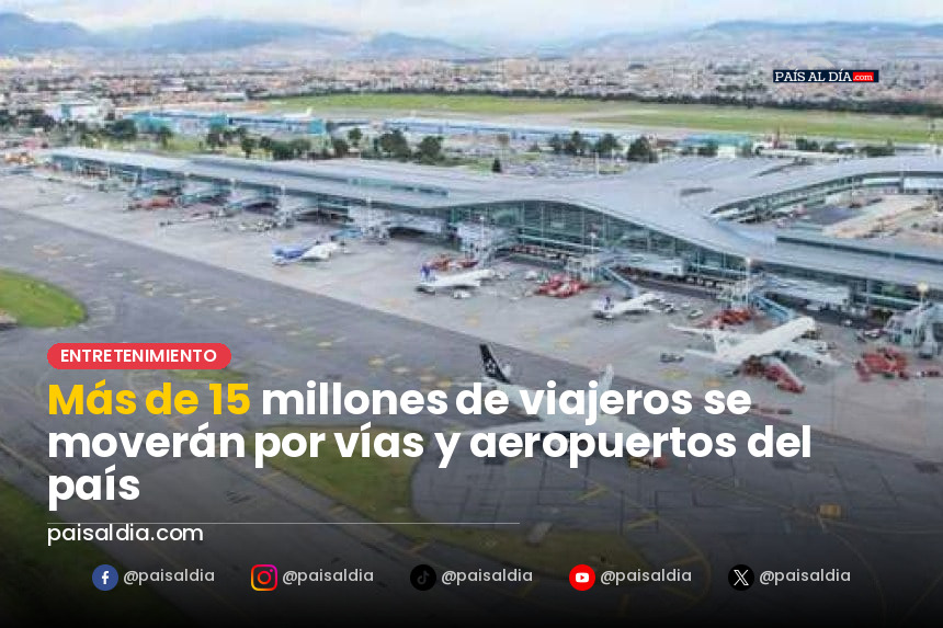 Viajeros en la terminal aérea de Bogotá, con maletas y pantallas de vuelos en el fondo.