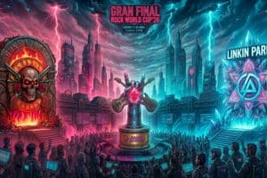 Multitud de fans animando con banderas de Guns N' Roses y Linkin Park.